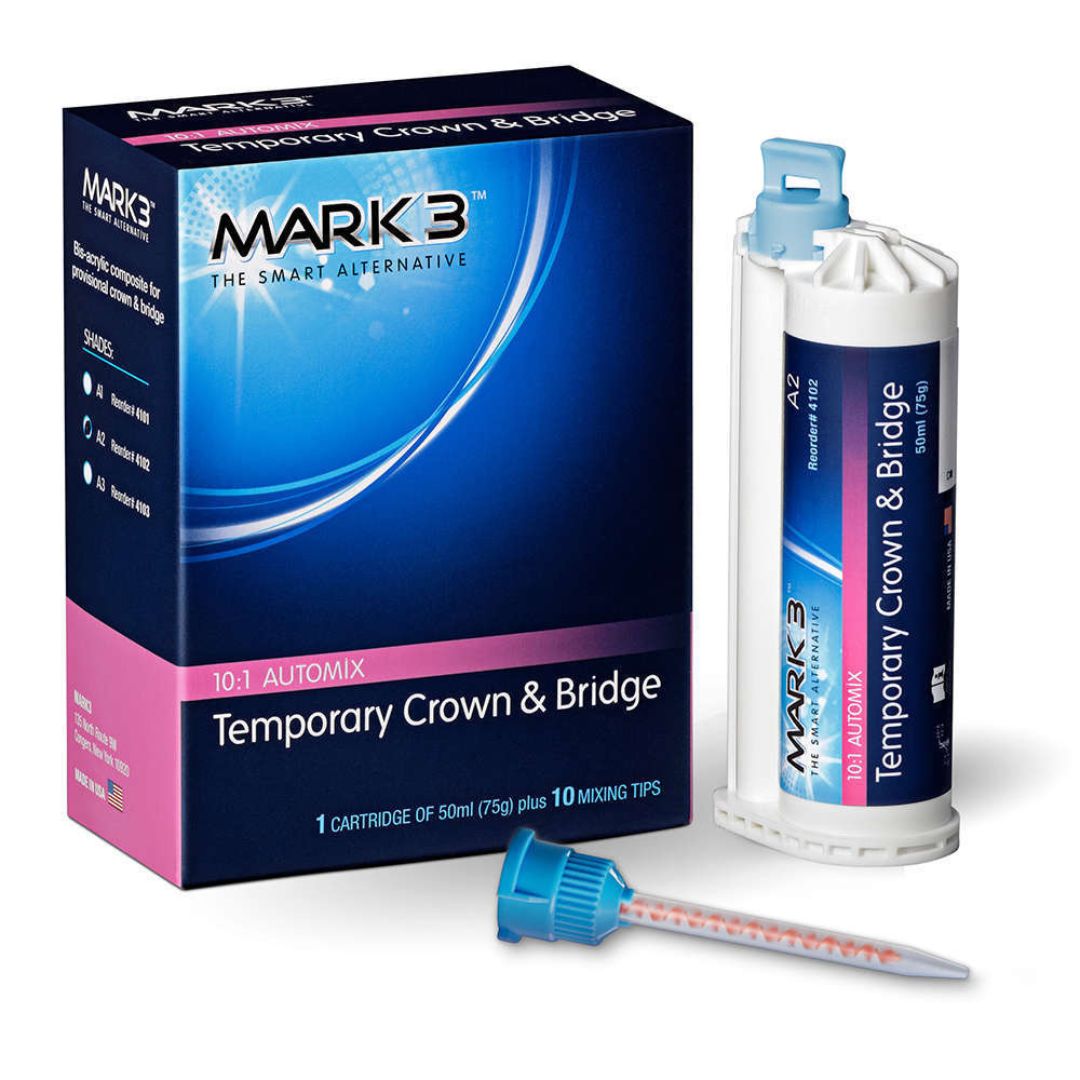 MARK3 Temporary Crown and Bridge is a highly esthetic, self-curing, bis-acrylic material for long-lasting, short and long-term provisional restorations. It has a perfect balance of mechanical and handling properties making it quick and easy to use. It’s outstanding flowable consistency stays where placed while providing a great fit with minimal adjusting. 