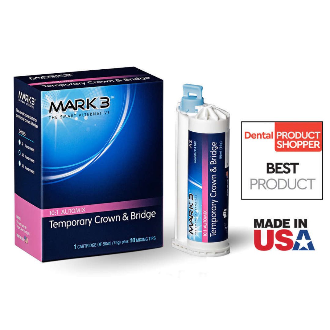 MARK3 Temporary Crown and Bridge is a highly esthetic, self-curing, bis-acrylic material for long-lasting, short and long-term provisional restorations. It has a perfect balance of mechanical and handling properties making it quick and easy to use. It’s outstanding flowable consistency stays where placed while providing a great fit with minimal adjusting. 