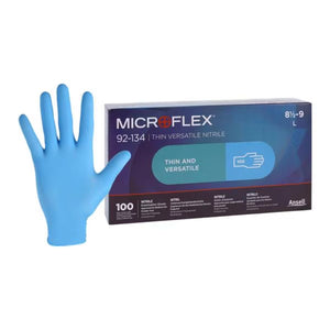 Microflex 92-134 Nitrile Exam Gloves, light blue, made from soft and stretchy nitrile, latex-free, with textured fingertips for secure grip.