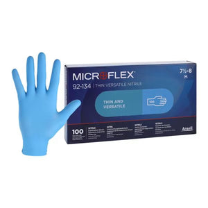 Microflex 92-134 Nitrile Exam Gloves, light blue, made from soft and stretchy nitrile, latex-free, with textured fingertips for secure grip.