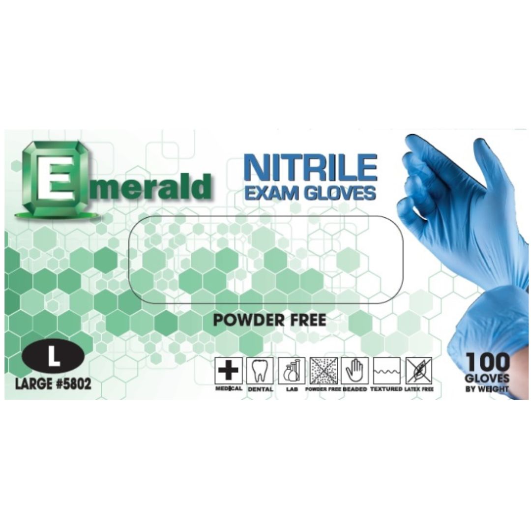 Emerald Powder-Free Nitrile Exam Gloves, 3 mil thickness, latex-free and powder-free, with textured surface for secure grip.