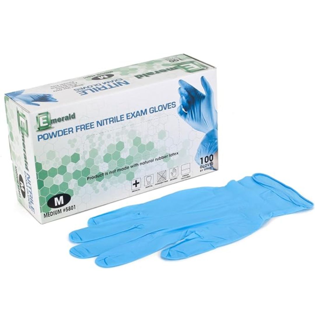 Emerald Powder-Free Nitrile Exam Gloves, 3 mil thickness, latex-free and powder-free, with textured surface for secure grip.