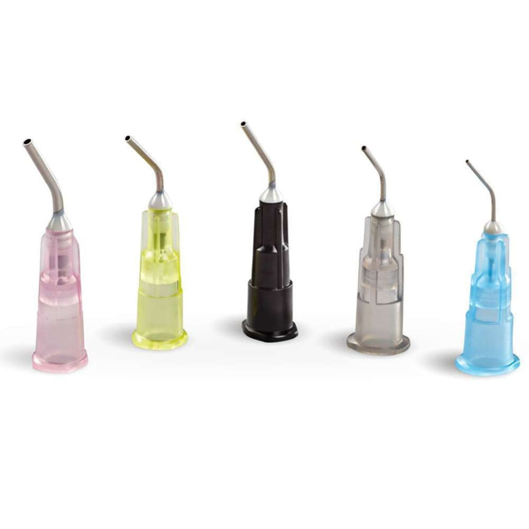 Pre-Bent (prebent) Needle Tips 100/pk by MARK3 are Blunt end, pre-bent Luer-Lock dispensing needle tips for fast, simple placement of medicaments, etchants, resins or flowable composites. Available in five color coded sizes, 18Ga/pink, 20Ga/yellow, 19Ga/black, 22Ga/gray, and 25Ga/blue