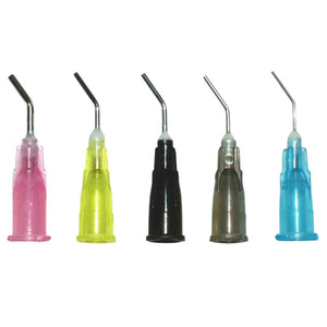 Pre-Bent (prebent) Needle Tips 100/pk by MARK3 are Blunt end, pre-bent Luer-Lock dispensing needle tips for fast, simple placement of medicaments, etchants, resins or flowable composites. Available in five color coded sizes, 18Ga/pink, 20Ga/yellow, 19Ga/black, 22Ga/gray, and 25Ga/blue