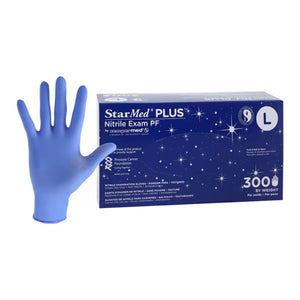 StarMed Plus Nitrile Exam Gloves, powder-free with textured surface for enhanced grip.