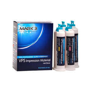   MARK3 VPS Impression Material features a high performance cartridge system which is easier to extrude. It has excellent dimensional stability and decreases distortions. Fast and Regular set working times. No odor or irritation allowing for greater patient comfort. A pleasant mint flavor and made in the USA.