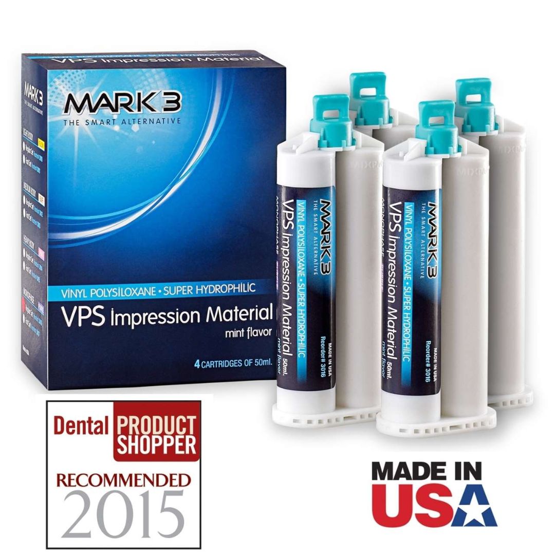   MARK3 VPS Impression Material features a high performance cartridge system which is easier to extrude. It has excellent dimensional stability and decreases distortions. Fast and Regular set working times. No odor or irritation allowing for greater patient comfort. A pleasant mint flavor and made in the USA.