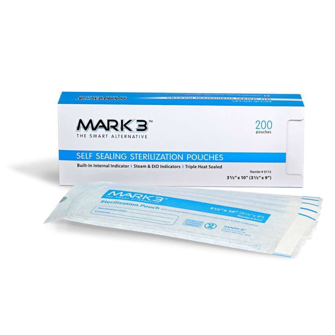 Self Sealing Sterilization Pouches by MARK3 have built-in, easy-to-read, color-changing internal indicators for steam and EiO gas. They are made with self-seal adhesive strips and triple-sealed seams to keep out contaminants and maintain the sealed pouch within.